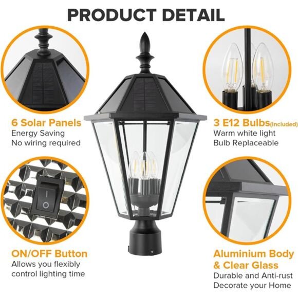 Head LED Post Solar Light Vintage Street Lights - Picture 3 of 8